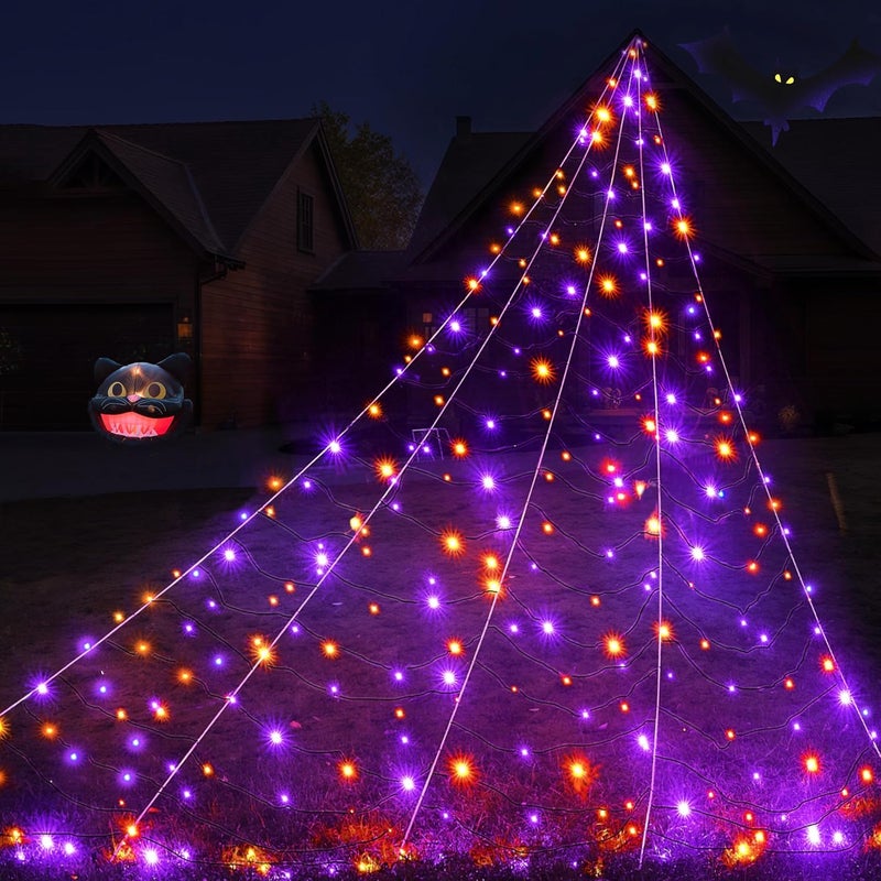 BlcTec Halloween Decorations Outdoor Huge Spider Web Decorations, 19.7ft x 14.7ft Sturdy Lighted White Spider Web with 250 LED Purple Orange Lights, 8 Modes, Timer, Waterproof for Outdoor Decor - Image 1